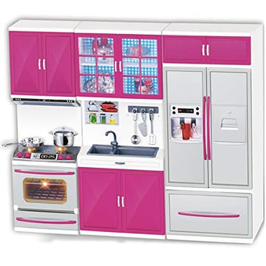 Doll Kitchen Playset for Kids, My Modern Mini Kitchen House Furniture Pretend Play Toy Accessories Set with Realistic Lights & Sounds for Toddlers, Girls (3-in-1)