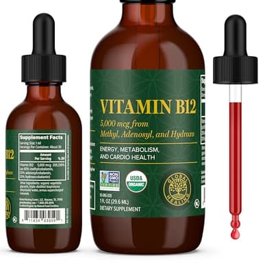 Global Healing Center - Vitamin B12 Sublingual 5000 MCG Organic Liquid Supplement, Methylcobalamin, Adenosylcobalamin, Hydroxo Long-Lasting Energy and Healthy Metabolism - Vegan B12 Vitamins (1 Oz)