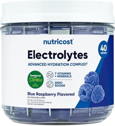 Nutricost Electrolytes Complex, Blue Raspberry Flavored, 40 Stickpacks - Advanced Hydration Complex