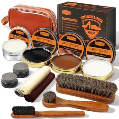 13Pcs Shoe Care Kit for Men & Women,3 Horsehair Shoe Polish Brush,Black Brown Neutral Mink Oil for Shoes,Care for Leather Boots, Shoe Cleaning Kit as Gift for Men with Shine Sponges & Care Cloth