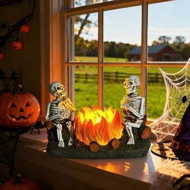 Qaeshi Halloween Scary Skeleton Decorations with Light Up Pumpkin, Flameless Candles for Jack O Lantern Decore, 2 Flickering LED Modes Halloween Night Light, Skeleton Lamp Table Decorations for Desk