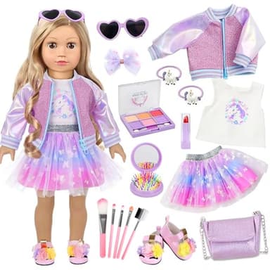 American 18 Inch Doll Makeup Accessories and Clothes Set Includes 18 Inch Doll Clothes and Shoes Bag Makeup Brush Set Foldable Haircomb Eyeshadow Lipstick Bow Hair Clip Sunglasses Hair Rope（No Dolls）