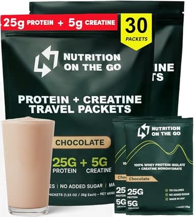 Nutrition On The Go Whey Protein Isolate Packets with Creatine – 25g Protein + 5g Creatine – Single-Serve Travel Protein Powder – Chocolate (30-Pack)