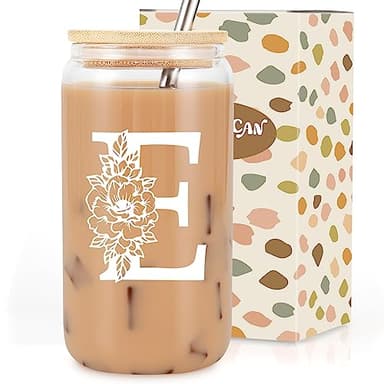 Coolife Initial Glass Cup, Monogrammed Gifts for Women, 16 oz Glass Cups w/Lids Straws, Iced Coffee Smoothie Beer Tumbler w/Straw Lid, Personalized Valentines, Birthday Gifts for Her Mom Friend Woman