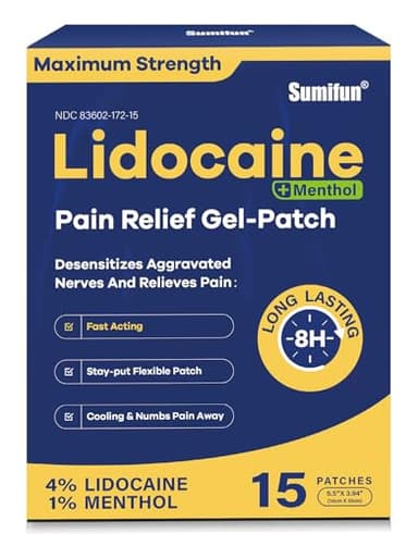 Sumifun 4% Lidocaine Patches Plus 1% Menthol - 15 Counts Maximum Strength OTC Pain Relief Patches for Back Ache Stiff Neck Joint Pain Muscle Soreness Topical Analgesic