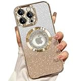 Misscase for iPhone 15 Pro Max Magnetic Glitter Case Compatible with MagSafe,Full Protection Slim Shockproof Anti-Scratch Case with Camera Lens Protector Logo View Dust-Proof Net for Women Gold