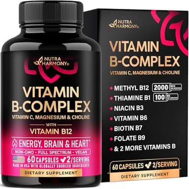 Vitamin B Complex for Men & Women - Riboflavin B2, B12, B1, B3, B5, B6, B7, B8, B9 | Vitamin C, Choline, Inositol - B-Complex Supplement - Energy, Brain & Heart Support - Made in USA, 60 Vegan Caps