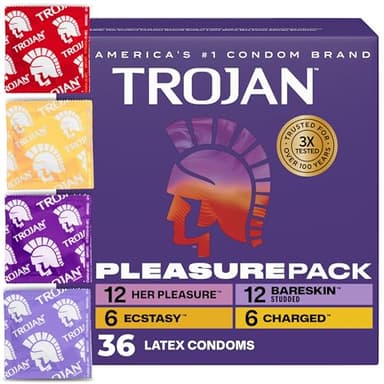 Trojan Pleasure Pack, Assorted Latex Lubricated Condoms for Men, Her Pleasure, Bareskin Studded, Ecstasy & Charged Varieties, Condom Variety Pack 36 Count