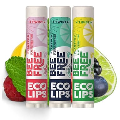 Eco Lips Bee Free Variety Pack Vegan Lip Balm | Candelilla Wax, Cocoa Butter & Coconut Oil Lip Care. Soothe & Moisturize Dry, Chapped Lips - 100% Plastic-Free Plant Pod Packaging - Made in USA