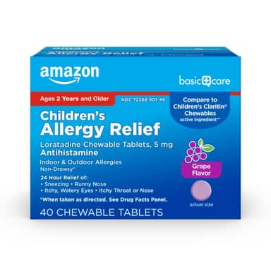 Amazon Basic Care Children's Allergy Relief, Loratadine Chewable Tablets, 5 mg, 24 Hour Medicine, Grape Flavored, Ages 2 and up, 40 Count