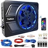 800W Slim Under Seat Powered Car Subwoofer,Built-in Car/Truck Audio Amplifier,Wiring Kit & Multi Colors Ambient Lighting, High & Low Level Input,Remote Control (8" Speaker Size, 10" Sub Size)