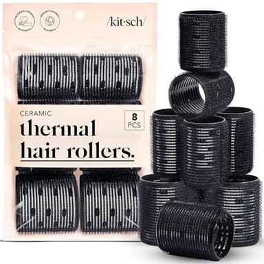 Kitsch Ceramic Thermal Hair Rollers for Women – Self Grip Hair Curlers for Heatless Curls Overnight - Volumizing Large Rollers for Short & Long Hair - For Long Lasting Frizz-Free Curls - Black, 8pcs