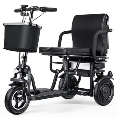 TopMate ES11 3 Wheel Electric Scooter Lightweight Folding Dual Motor Powered Mobility Scooter for Adult Seniors with Ergonomic Seat and Removable Battery, 3+1 Speed, E-Trike with Basket - Black