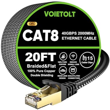 VOIETOLT Cat 8 Ethernet Cable 20 FT Flat, High Speed 40Gbps 2000Mhz Braided Internet Cable with Gold Plated RJ45 Network LAN Cable SSTP, Heavy Duty Ethernet Cord Compatible for PS4/5, for Modems, PC