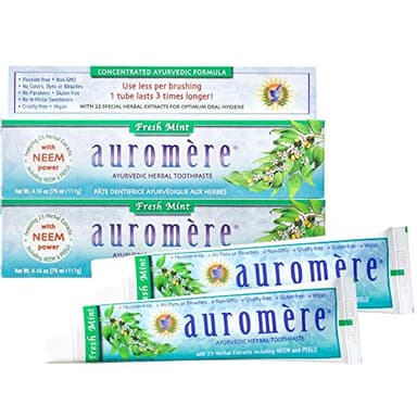 Auromere Ayurvedic Herbal Neem & Clove Toothpaste - All Natural Fluoride Free Toothpaste for Adults and Kids, Suitable for Sensitive Teeth, SLS-Free, Non GMO, Vegan, Cruelty-Free - Fresh Mint, 5 Pack