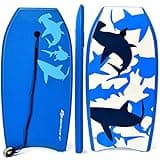 Goplus Boogie Boards for Beach, 41''/37''/33'' Lightweight Body Board with EPS Core, XPE Deck, HDPE Slick Bottom, Wrist Leash, Bodyboard for Kids Adults Surfing (Blue Shark, 33 Inches)