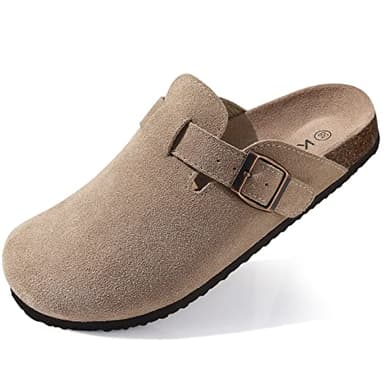 KIDMI Genuine Suede Clogs for Women Cork Footbed Sandals Leather Mules Potato Shoes with Arch Support Taupe 40 (Size 8.5)