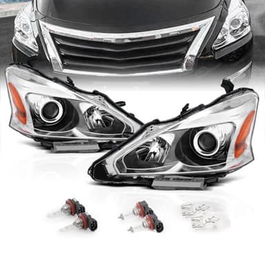AmeriLite for 2013-2015 Altima 4Dr Sedan Projector Chrome Housing Halogen Replacement Headlights Assembly Pair - Driver and Passenger Side