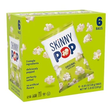 SkinnyPop Popcorn, Original, Whole Grain, Dairy-Free Snack, 0.65oz Bags (6ct)