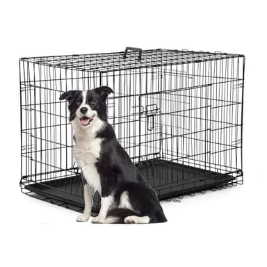 FDW Dog Crate for Large Dogs 42 Inch Folding Metal Wire Pet Cage Double Door W/Divider Panel Indoor Outdoor Kennel Leak-Proof Plastic Tray,Black