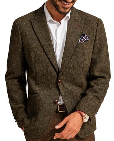 PJ PAUL JONES Mens Herringbone Tweed Blazer Jacket Regular Fit Wool Two Button Sport Coats for Commuting Brown L