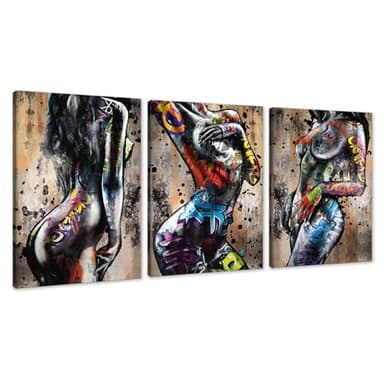 Novatique 3 Pieces Sexy Nude Girl Wall Art Modern Abstract Wall Art Graffiti Women Painting Print Ready to Hang Nude Art Sexy Poster Artwork for Bedroom Bathroom, 12" x 16" x 3Pcs
