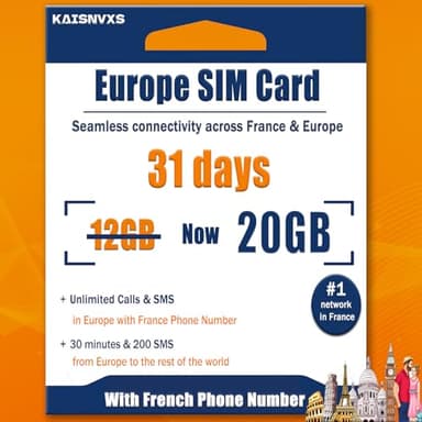 Prepaid Europe SIM Card for Travel with 20GB of 4G Data, Unlimited Calls and SMS in Europe, 30 mins and 200 SMS from Europe to Worldwide with France Phone Number (Lasts for 31 Days),Tethering Allowed