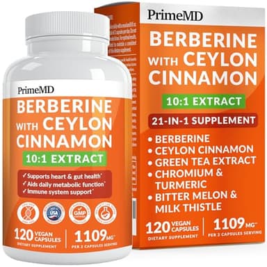 21-in-1 Berberine Supplement with Ceylon Cinnamon with Chromium, Bitter Melon and Green Tea Extract and Black Pepper Extract 5X for Energy & Metabolism Support with 5279 mg (120 ct, Pack of 1)