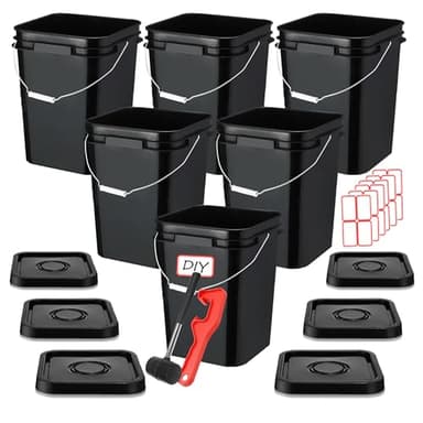 CAMATET 5 Gallon Bucket with Lid, Square Food Grade Plastic Pail with Metal Handles, Heavy Duty Industrial Storage Containers with Stickers, Rubber Mallet, Lid Opener (6 Pack, Black)