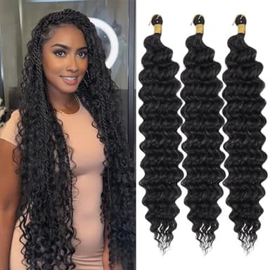 ZRQ Deep Wave Crochet Hair Natural Black 18 Inch 3 Packs Ocean Wave Curly Braiding Hair for Boho Braids Synthetic Curly Crochet Hair For Women #1B