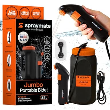 Portable Bidet for Travel & Camping – Electric High Pressure Rechargeable Bidet for Women & Men | 2.5L Bottle | 1300ML/Min Flow | USB-C | 1600mAh Battery | USA Brand – Spray Mate Jumbo (Black)