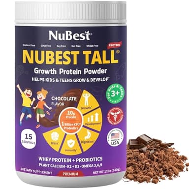 NuBest Tall Protein Powder for Kids & Teens - Whey Protein Powder - Chocolate Protein Powder Shake with Probiotics, Omega 3-6-9, Vitamin D3 + K2, Calcium, Vitamin - 15 Servings | 2 Week Supply