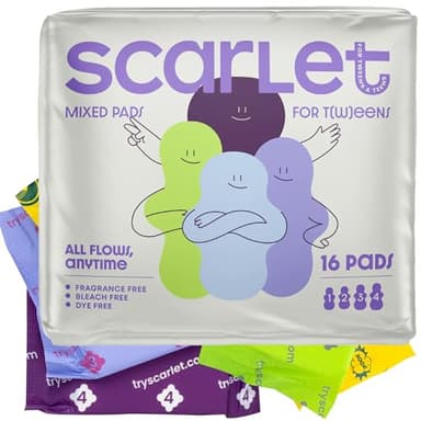 Scarlet by RedDrop Mixed Tween Period Pack – First Period Kit for Girls 9-12 with 16 Super Absorbent Pads in 4 Sizes | Chemical-Free, Fragrance-Free, Beginner Menstrual Kit for School or Travel