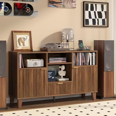 knoworld Large Round Record Player Stand with Vinyl Record Storage & Charging Station, Modern Turntable Cabinet with Power Outlet and USB Ports for Living Room and Bedroom (Walnut)
