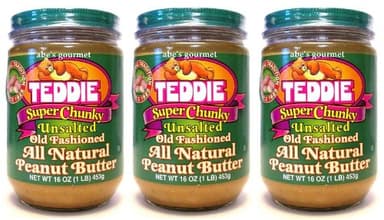 Teddie All Natural Peanut Butter, 26 Ounce 3 Pack, Gluten Free & Vegan, 16 Ounce Plastic Jar (Super Chunky Unsalted, Pack of 3)