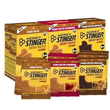 Honey Stinger Organic Peanut Butter Energy Waffle Variety Pack, 6 Pack Each of Peanut Butter, PB Chocolate and PB Strawberry, Nutritious Stroopwafel Snack for Exercise, Endurance and Performance