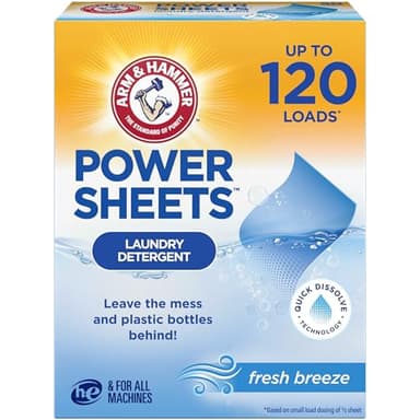ARM & HAMMER Power Sheets Laundry Detergent, Fresh Breeze Scent, Dissolves in All Wash Temps, Lightweight and Travel-Ready, 60ct, Up to 120 Small Loads