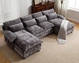 Siiejia U Shape Cloud Couch, 4 Seats Comfy Sectional Sofa Couches for Living Room, Modular Chenille Sofas with Double Reversible Chaise for Spacious Space Apartment, Grey