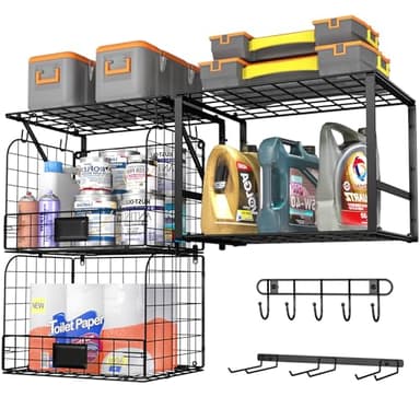 ThreeHio Garage Shelf Wall Mounted with Wire baskets, Heavy Duty Garage Wall Shelving with Garden Tool Rack and Hooks, Wire Shelf Baskets Tool Organizer for Home Garden Yard Organization and Storage