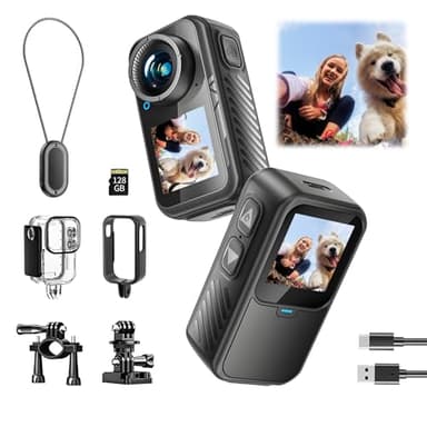 NUISK Mini Action Camera 4K | 128G Thumb Sports Camera with EIS Stabilization, Wearable POV Chest Camera, Waterproof for Running, Cycling, Swimming, Hiking, Outdoor Adventures