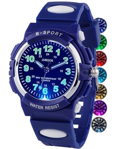 Juboos Kids Watch Analog with 7 Colorful Night Lights Boys Girls Waterproof Soft Strap Kids Time Teaching Quartz Wristwatch for Ages 5-18