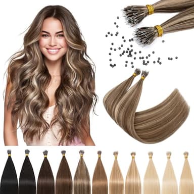 SEGO Nano Tip Hair Extensions Human Hair, Nano Beads Balayage Seamless Highlight Pre-bonded Extensions for Women, 0.7g/strand, 50 strands 35g/pack -14 Inch#4RP27R Medium Brown&Dark Blonde