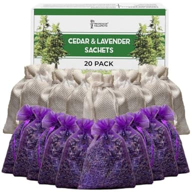 Professor Killamoth Cedar Chips and Lavender Sachets (20 Pack) - Stop Clothes Damage - Cedar and Lavendar Home Fragrance Sachets for Drawers and Closets