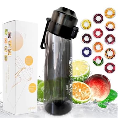 Sports Air Water Bottle BPA Free Starter up Set Drinking Bottles,650ML Fruit Fragrance Water Bottle,with 12 Flavour pods%0 Sugar Water Cup,for Gym and Outdoor Gift (Black+12pcs Flavor Pod)