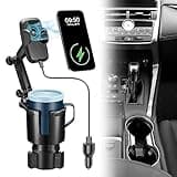 This Hill Cup Holder Phone Charger, 15W Fast Charging Auto Clamping, Phone Holder for Cup Holder Charger with Adjustable Base & 360° Rotation Compatible for All Smartphones(with Car Adapter)