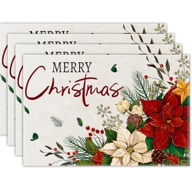 Heirloom Haven 4PCS Merry Christmas Placemats 12x18 inch Red Floral Holly Seasonal Winter Place Mats Rustic Plastic Christmas Table Mats for Kitchen Dining Indoor Home Party Decoration