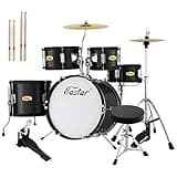 Drum Set Eastar 16 inch 5-Piece, Junior Drum Kit for Beginners Kids Teenagers with Adjustable Throne and Cymbal, Pedal & Drumsticks, Metallic Black (EDS-350BK)