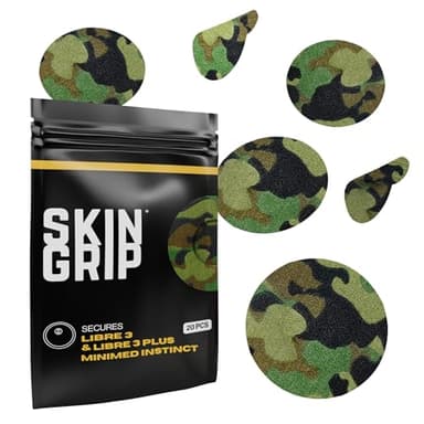 Skin Grip Freestyle Libre 3 Sensor Covers-Waterproof & Sweatproof Adhesive Patches for 10-15 Days (Not for Libre2), Pre-Cut CGM Diabetic Sensors Cover, Compatible with Instinct Sensors- 20 Pack, CAMO
