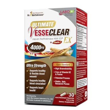 LABO Nutrition Ultimate VesseCLEAR EX Nattokinase NSK-SD 4000FU & Elastin F, Vessel Circulation & Brain Health Support, Japanese Supplement Shelf Stable Acid Resistant DRCaps Delayed Release Capsules