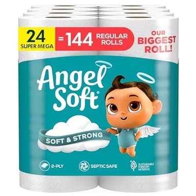 Angel Soft Toilet Paper, 24 Super Mega Rolls = 144 Regular Rolls, Soft and Strong Toilet Tissue